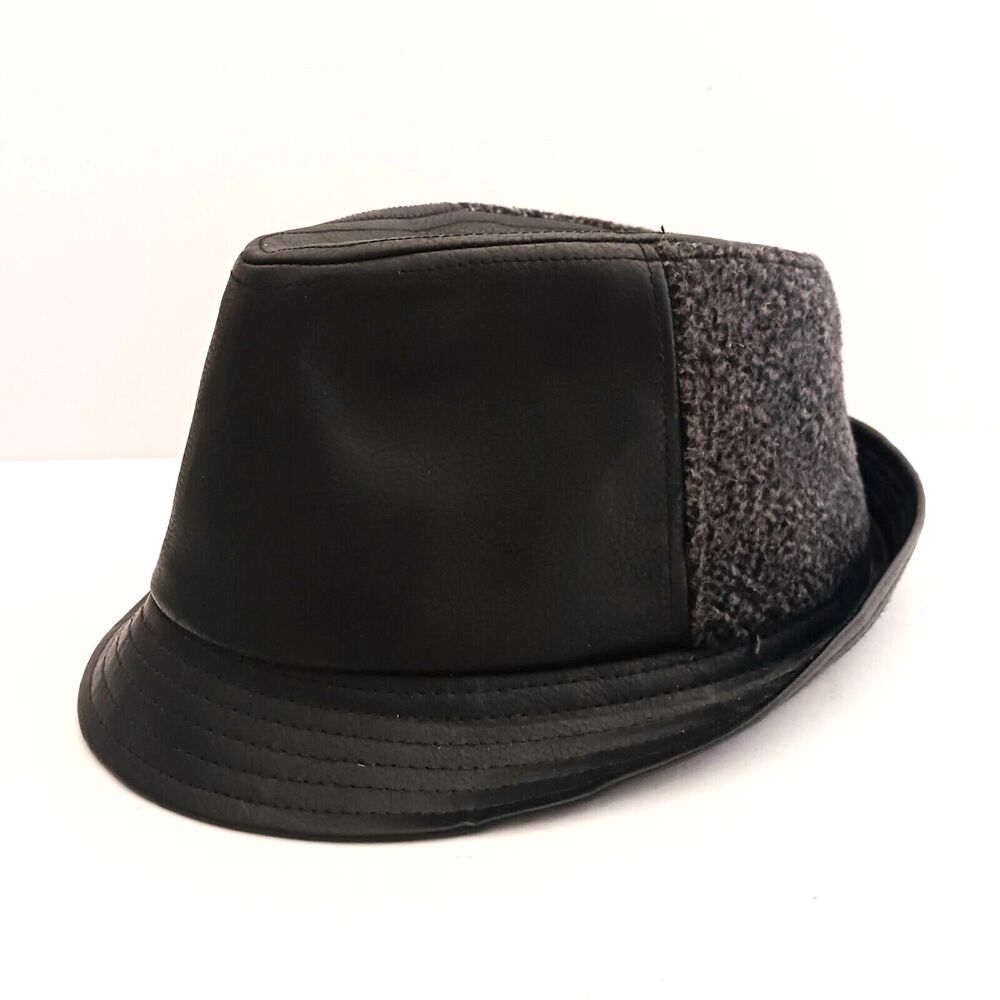 NEW Paulo Solari Blk Faux Leather Fedora Gray Fleece Accent M/L Unisex